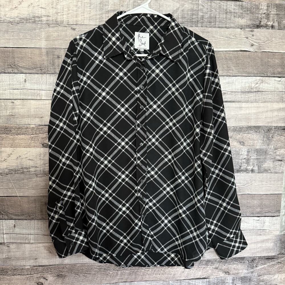 The Shirt Rochelle Behrens Button Down Women XL Black White No Gape Blouse
